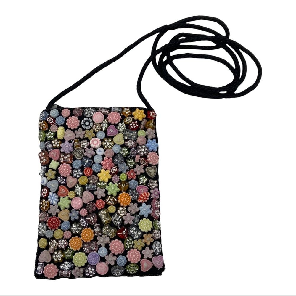 Multicolored Beaded Black Crossbody Mini Purse Bag Flowers Crystals NWOT